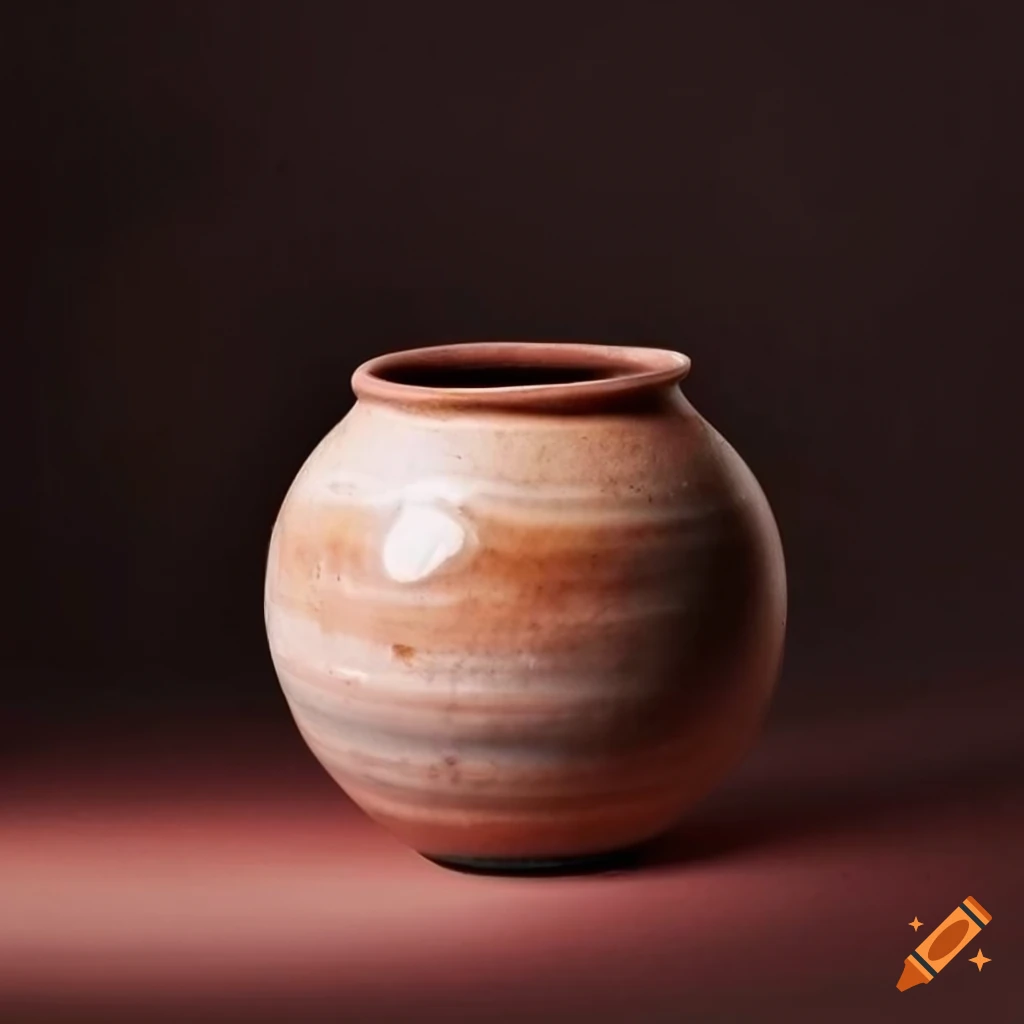 Rustic clay jar with planet Jupiter design on dark background