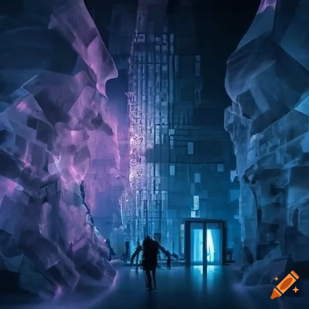 Abstract cybernetic scene with travelers on salt formations towards an illuminated data facility