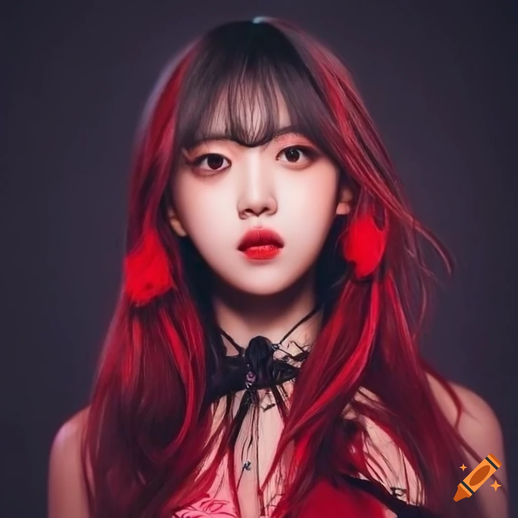 Korean girl idol with black hair and red highlight, black eyes, very beautiful
