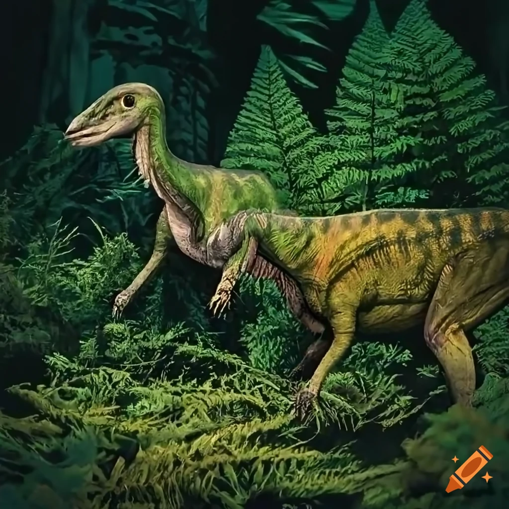 Hypsilophodon dinosaurs in a mossy cedar forest on Craiyon
