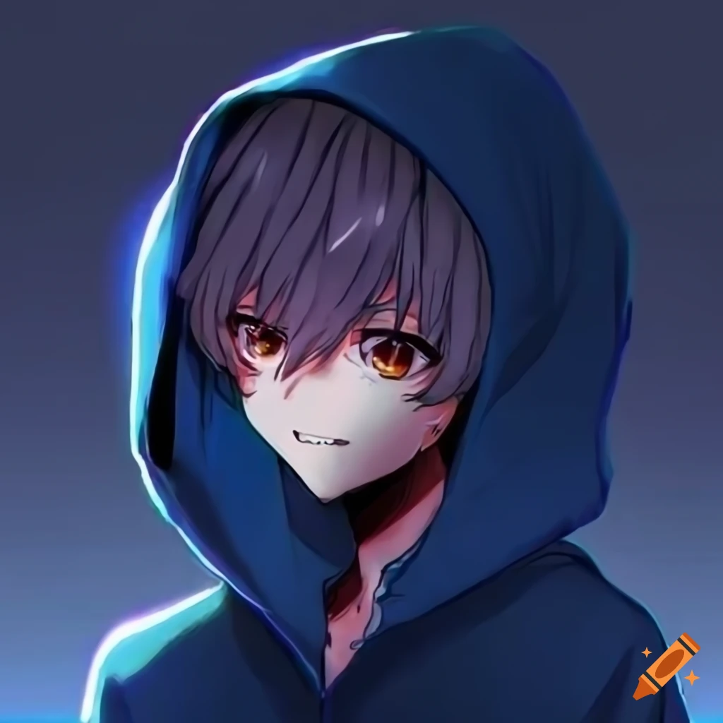 Anime boy with bright brown eyes wearing a dark blue hoodie