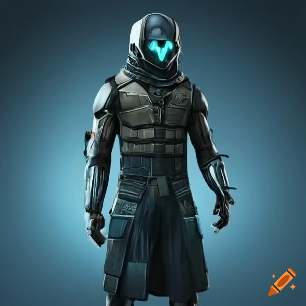 Sci-fi masked warrior male in full body suit