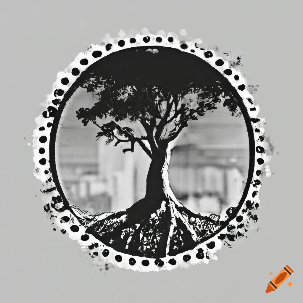Vintage black and white japanese postage stamp style art of a tree with downtown Los Angeles in the background