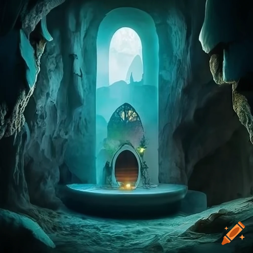 Enchanting goblin residence in an underground cave with a mystical mirror