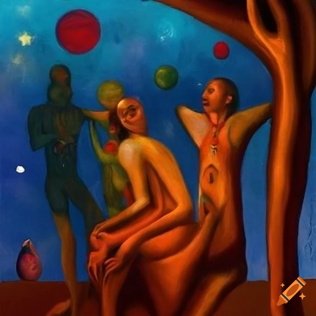Surrealist painting with Carlos Castaneda and Don Juan Matus in deep conversation