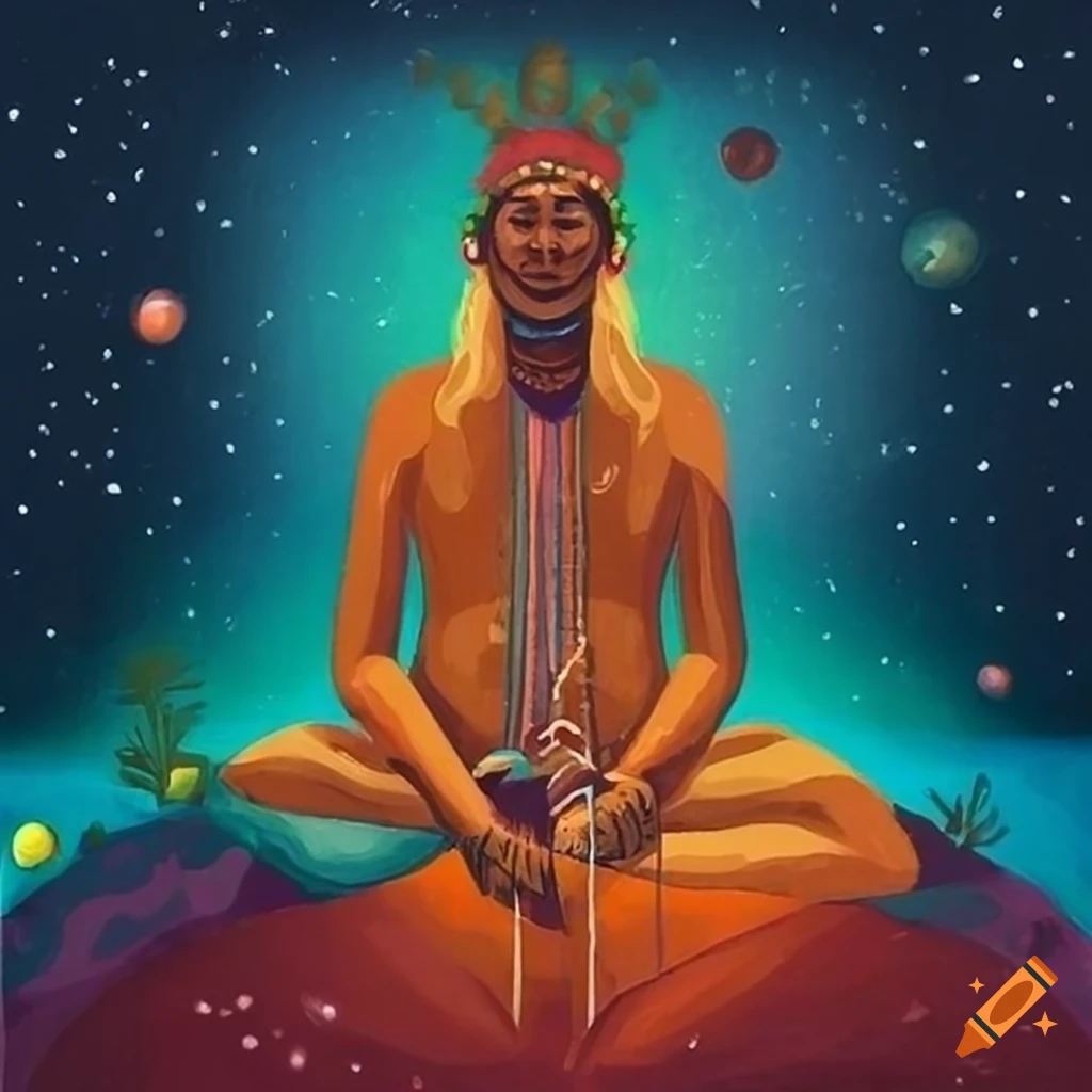 Surrealist painting with Carlos Castaneda and Don Juan Matus in deep conversation