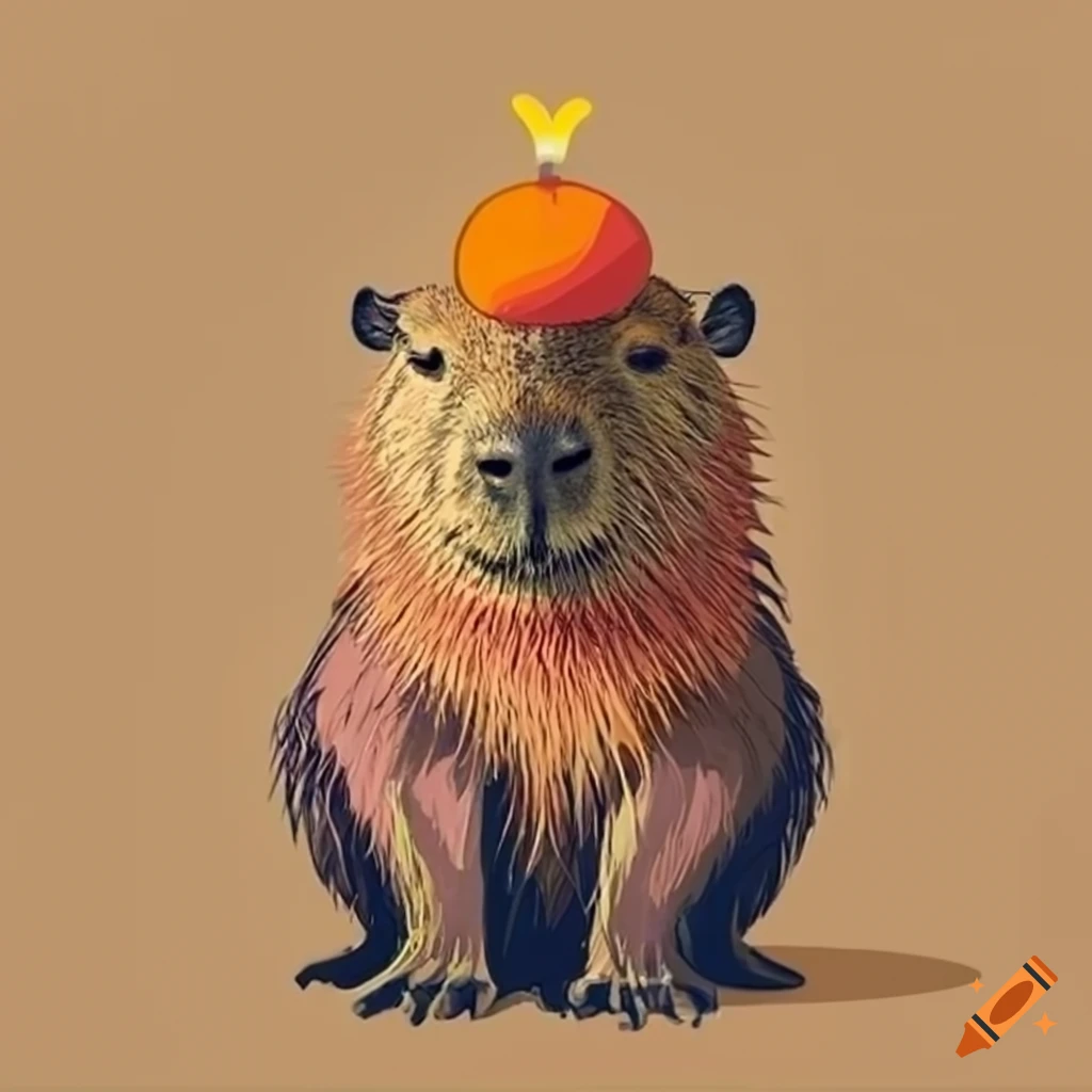 Capybara with an orange on its head