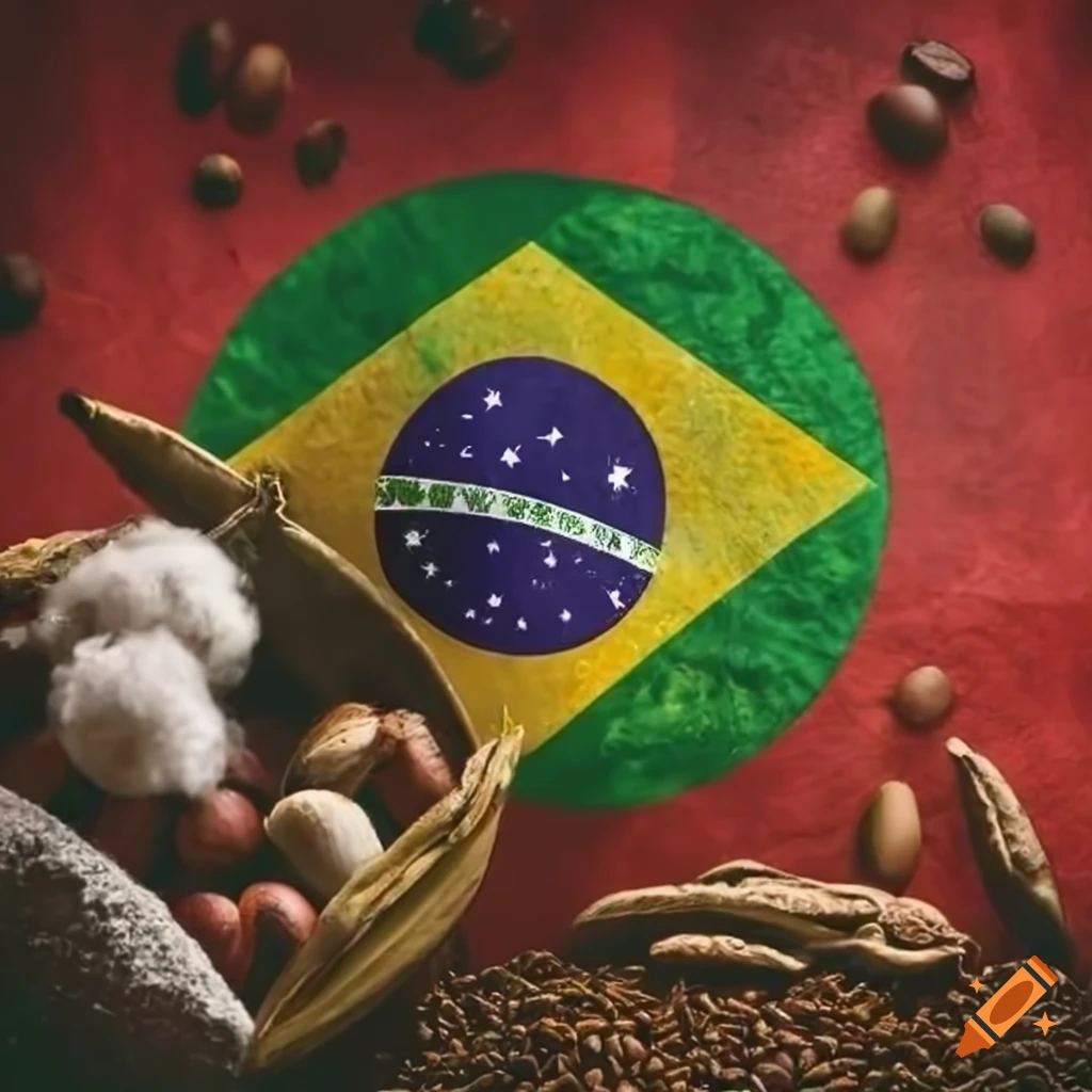 Arrangement of coffee beans, cotton bolls, cacao pods, sugar cane, and tobacco leaves on a Brazilian flag backdrop