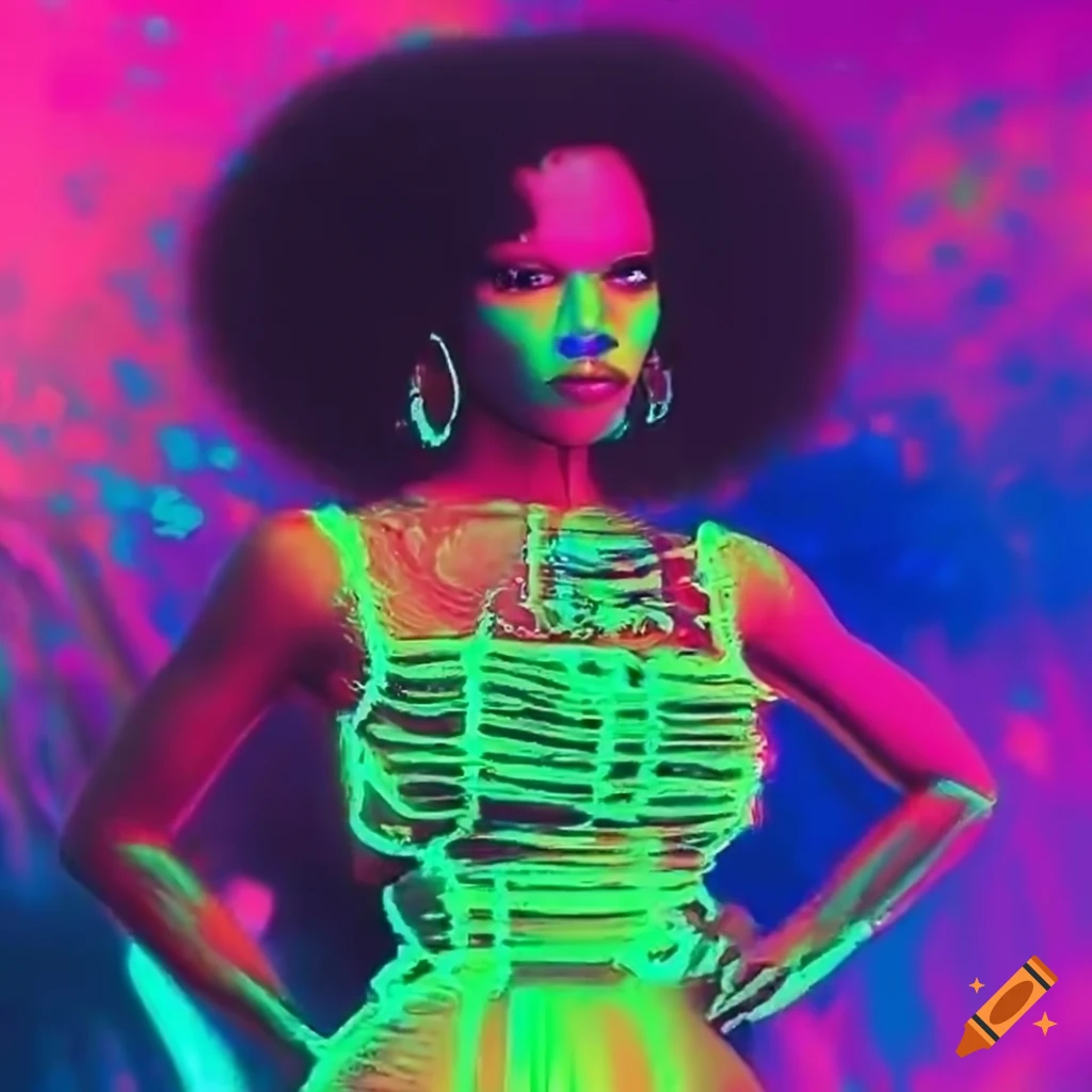 Black girl with neon colors in VHS texture style from the 1990s
