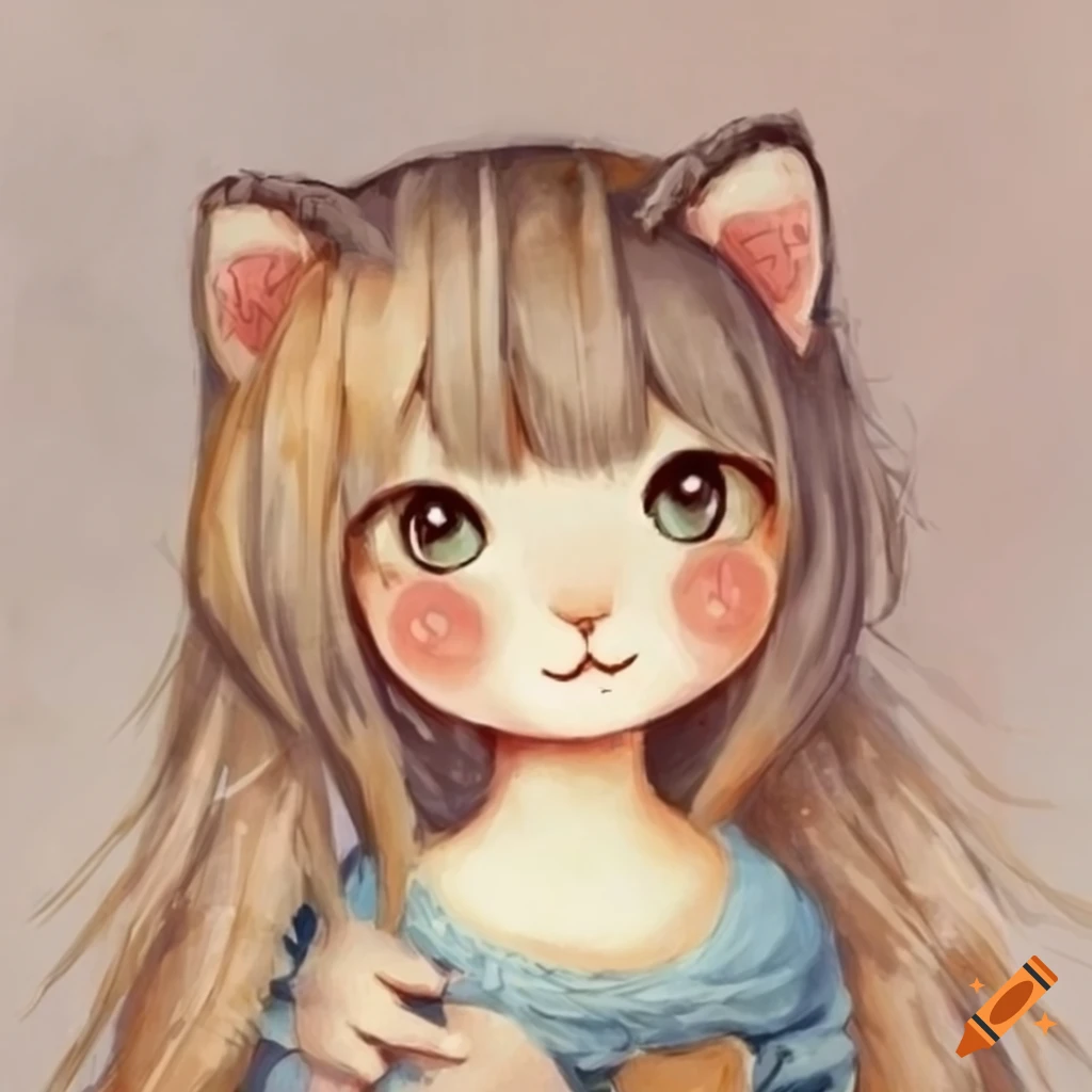 Kawaii catgirl neko illustration in a storybook style