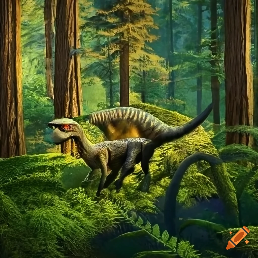 Hypsilophodon dinosaurs in a cedar forest under morning light