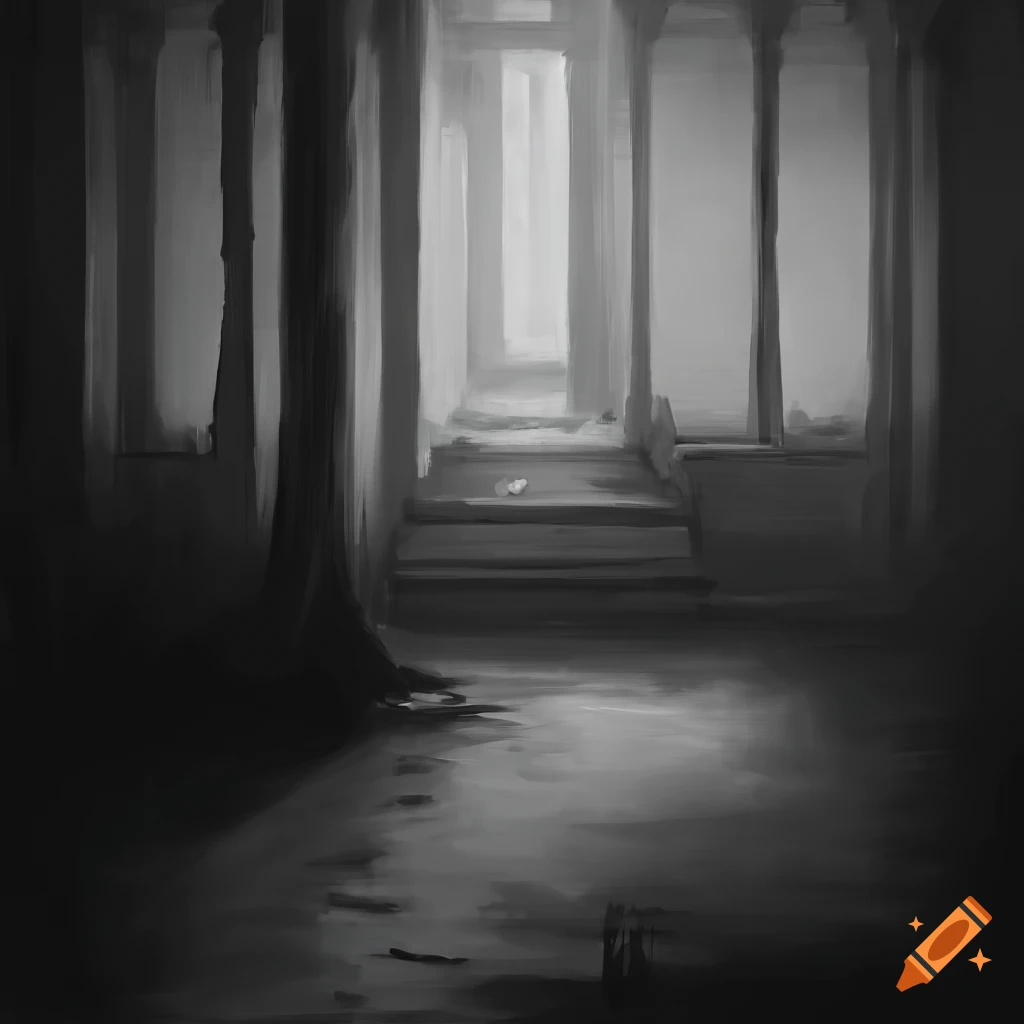 High resolution black and white oil painting of a mysterious forgotten place