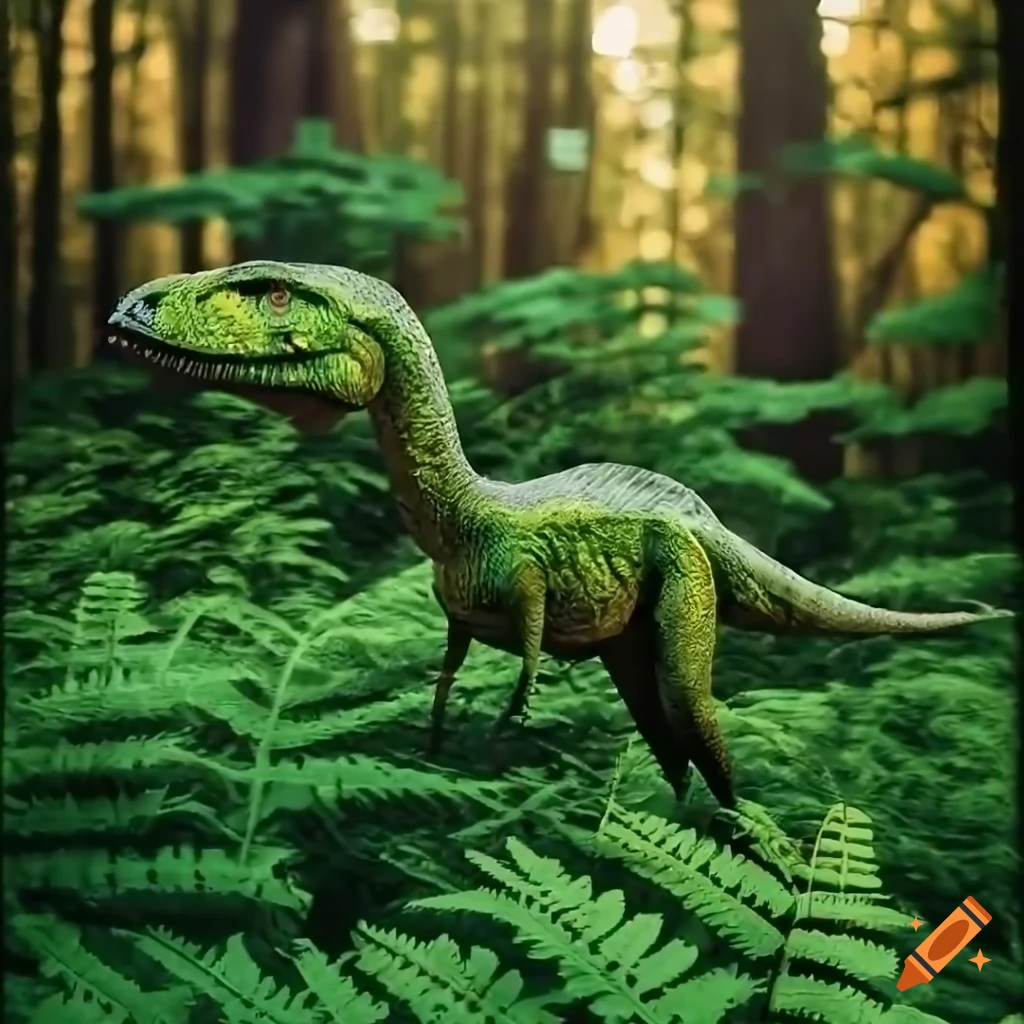 Hypsilophodon dinosaurs amidst ferns and moss in a cedar forest on Craiyon