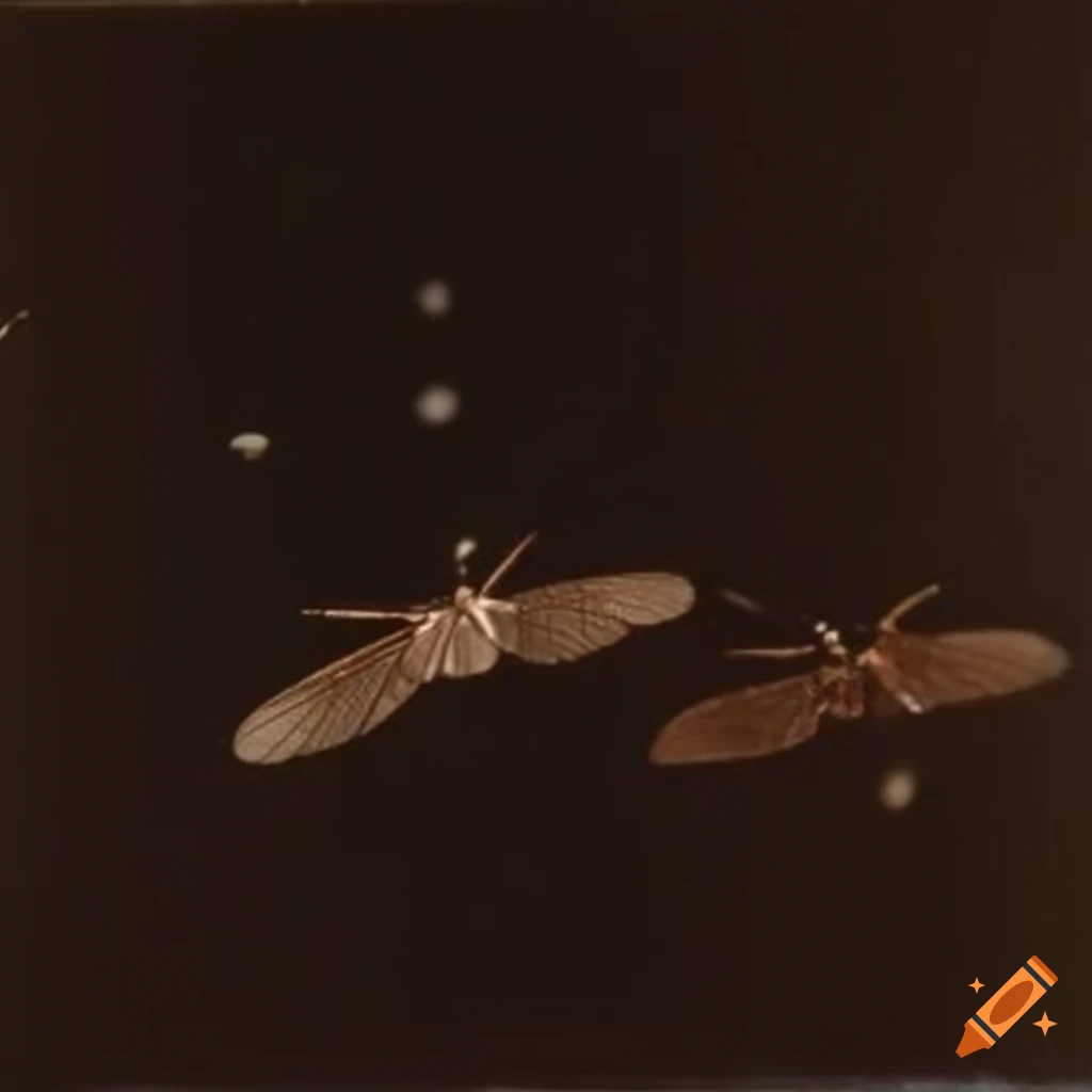 Vintage autochrome photo of flies flying in darkness