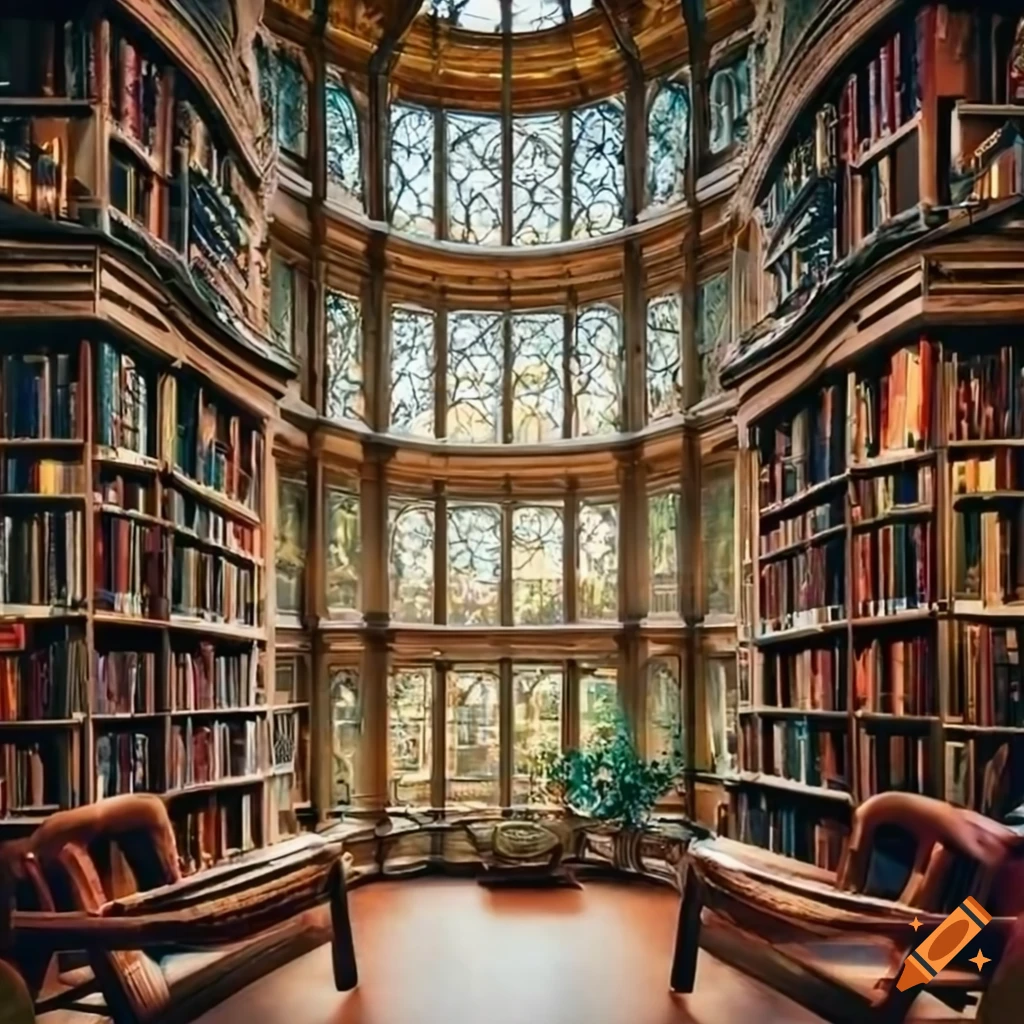 Library room with a large oval window overlooking a forest