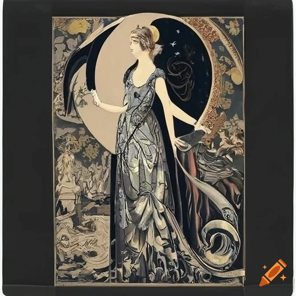 Art Nouveau style tapestry design featuring a woman with a moon-shaped head and long flowing dress