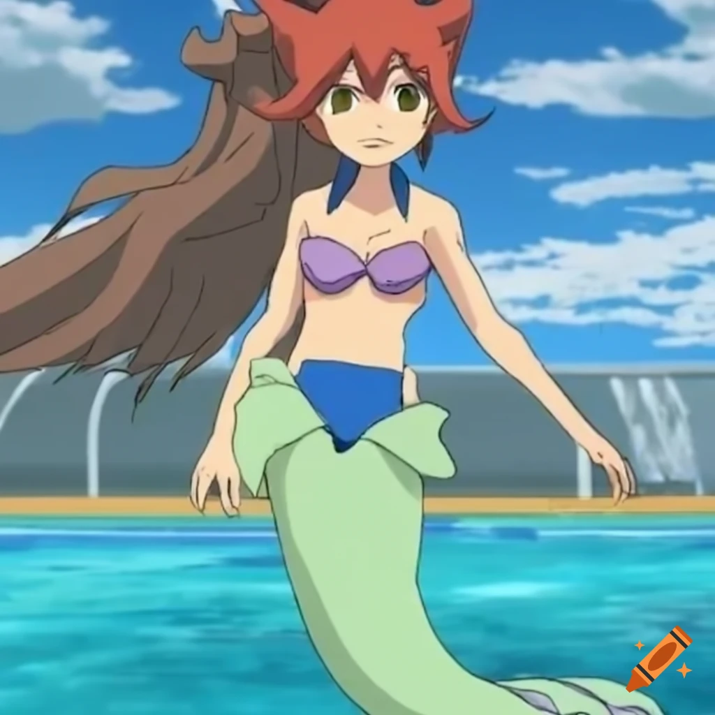 Inazuma Eleven's Sorano Aoi transforming into a mermaid princess by a moonlit pool in concept art style