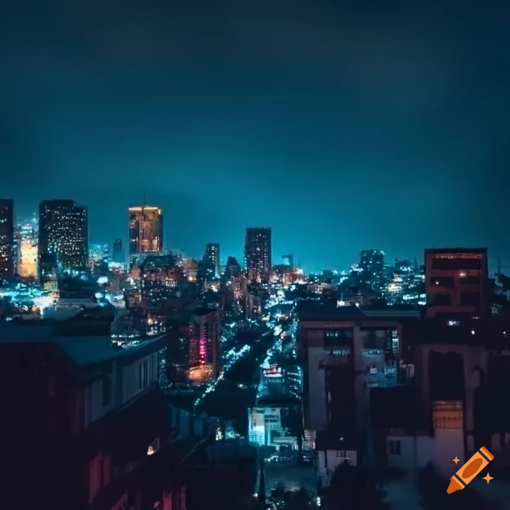 Night view of a town with a lit-up night club in the distance