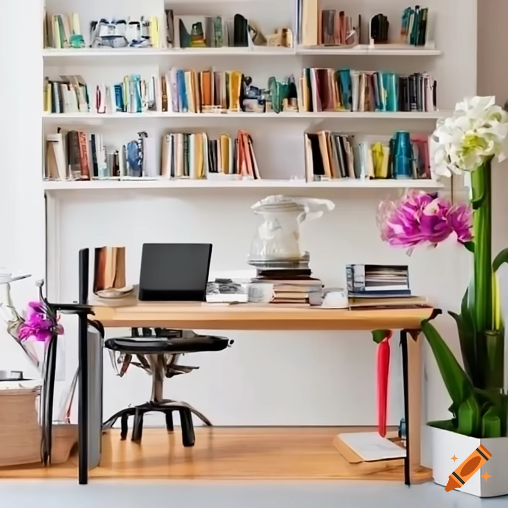 Organized work table with books, computer, flower vase, and an empty chair