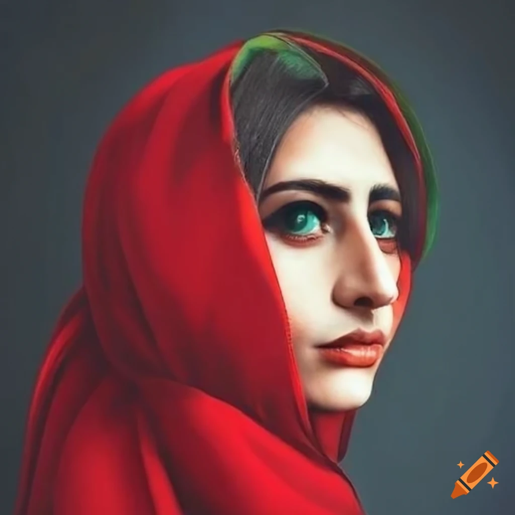Woman wearing a red and green scarf and white dress, Iranian attire