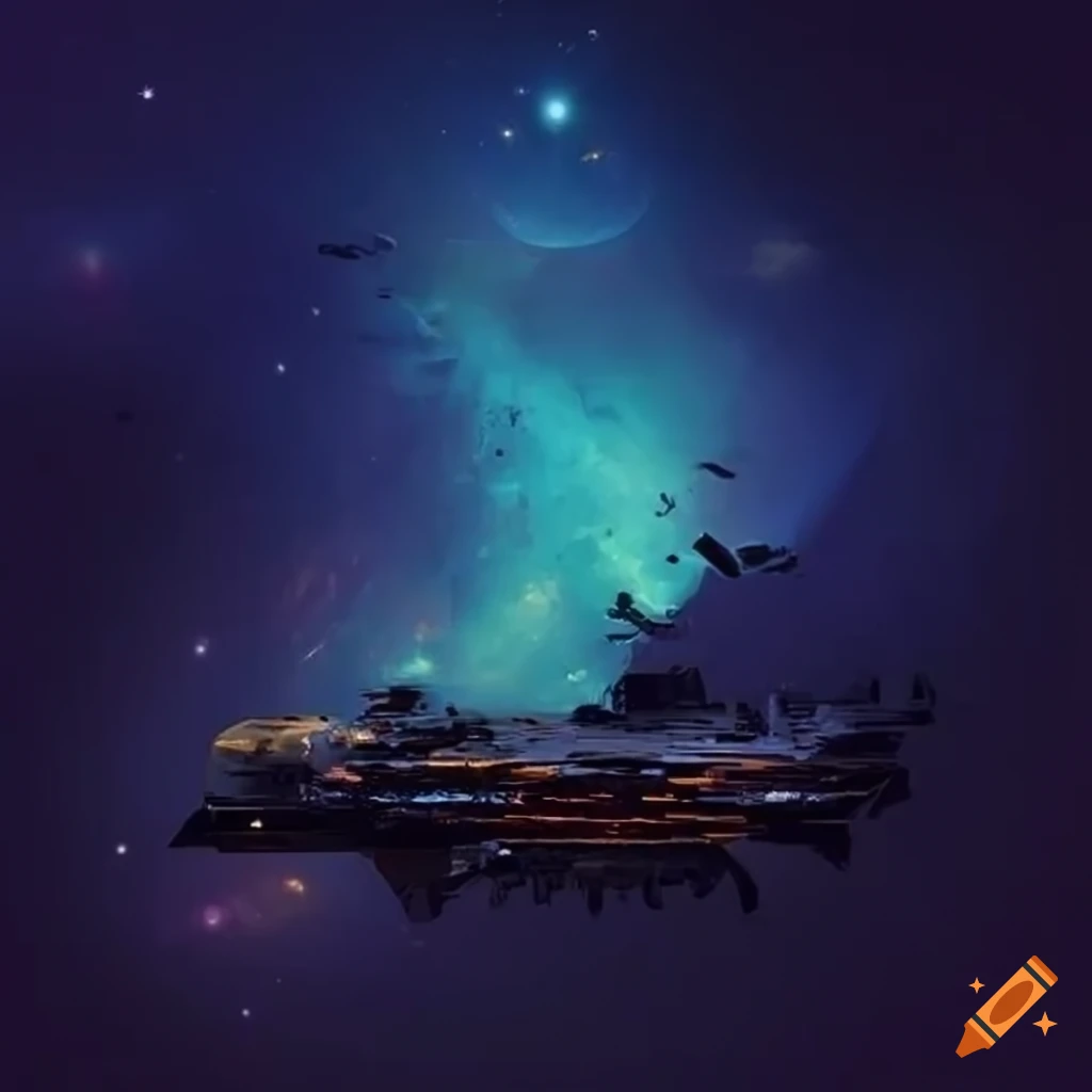 Wreckage of a spaceship in a cosmic background with flat design