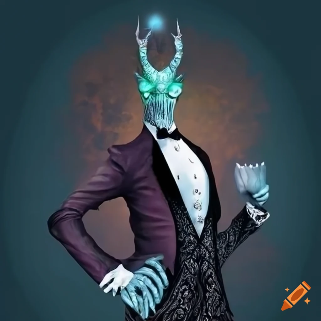 Elaborate tree-like fantasy creature in a tuxedo and top hat