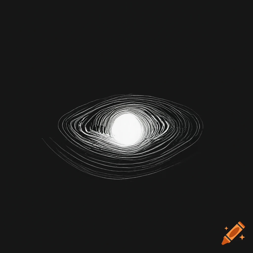 Giant cosmic black hole above a lonely beach in minimalist ink drawing