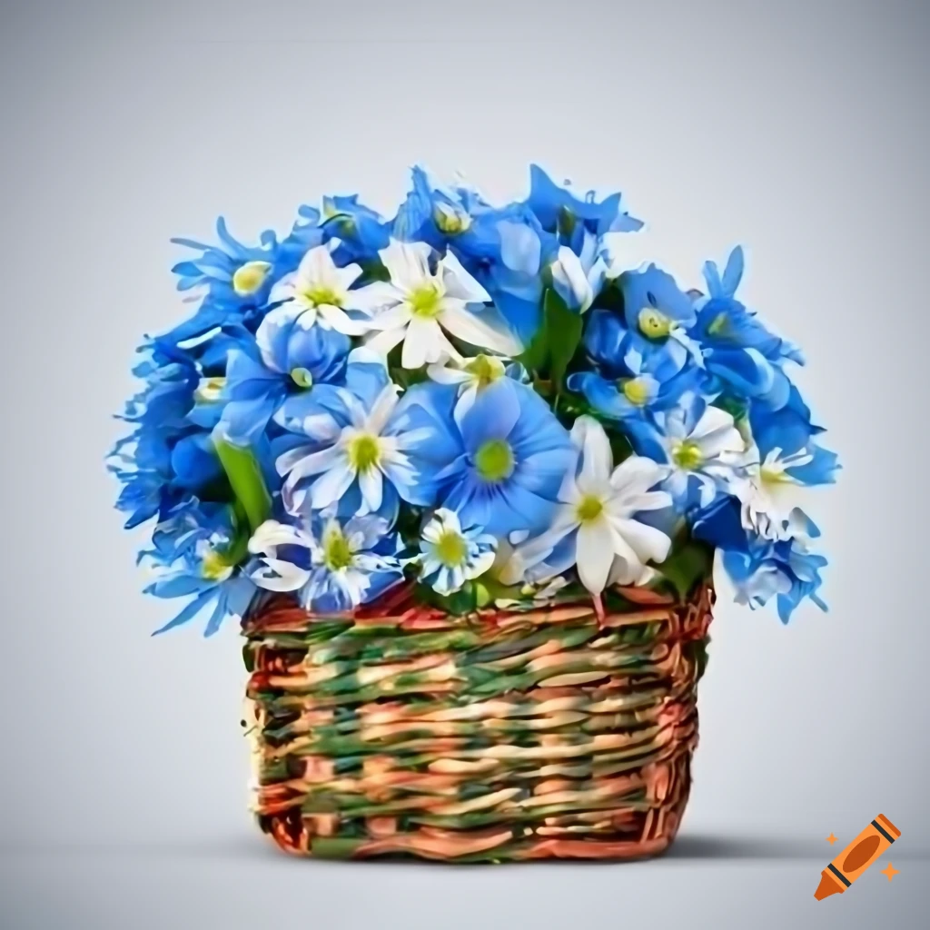 Blue and white flowers in a basket