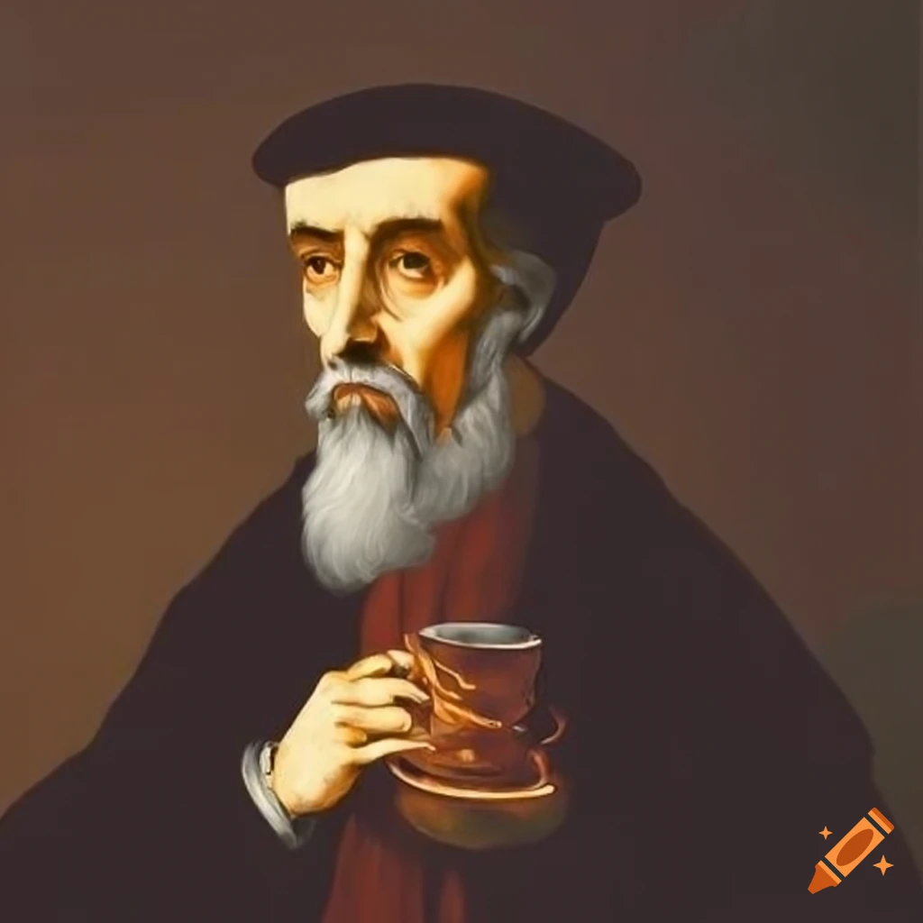 John Calvin in renaissance style enjoying coffee