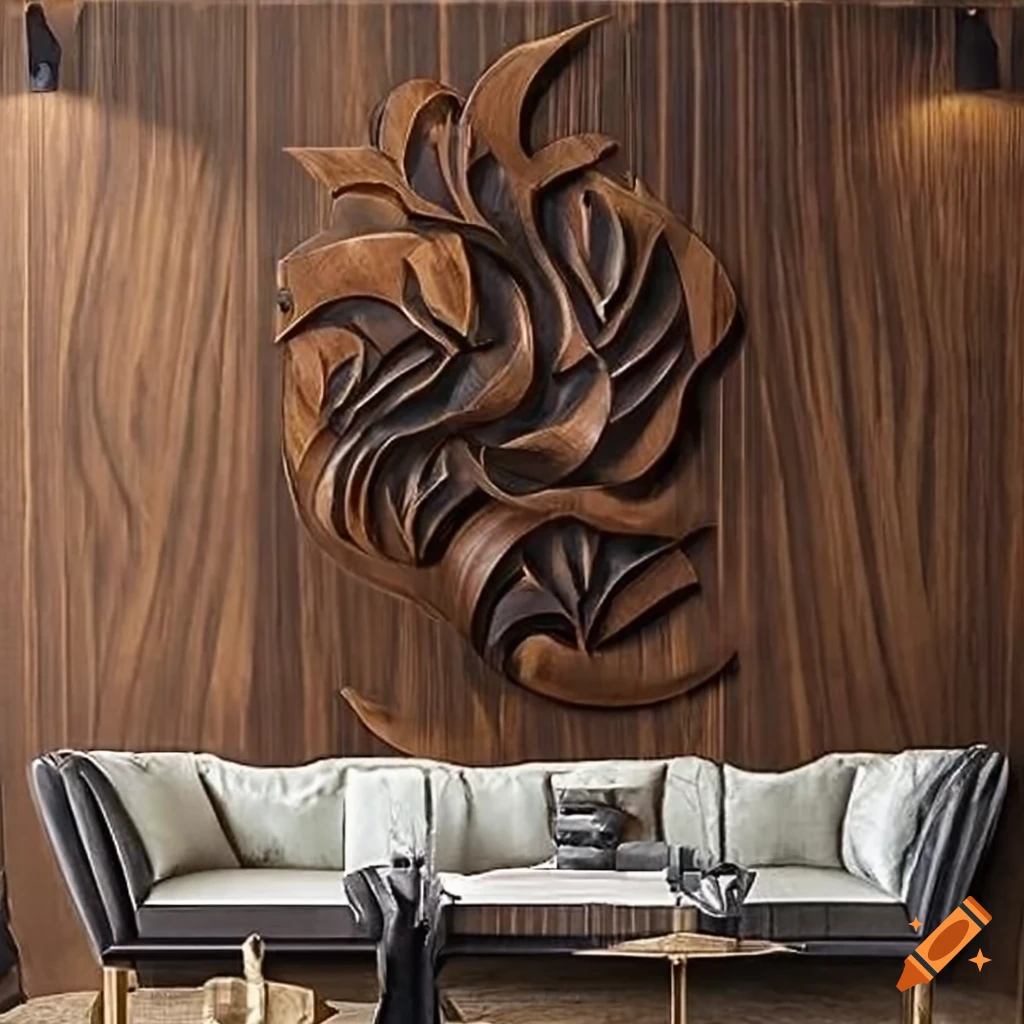 Masculine rugged wooden wall art with power carvings in black walnut and brass and resin inlays