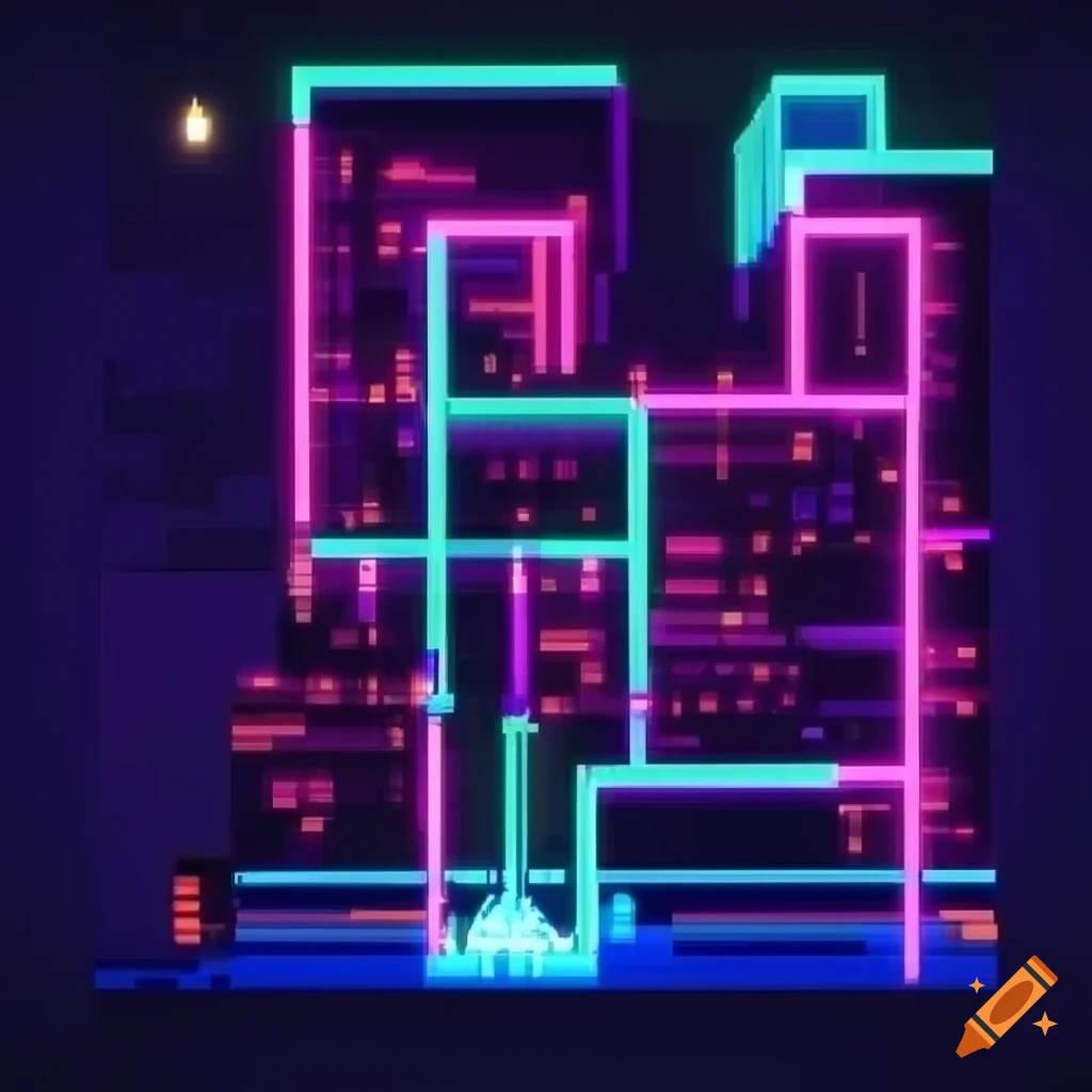 Neon pixelated videogame map on Craiyon