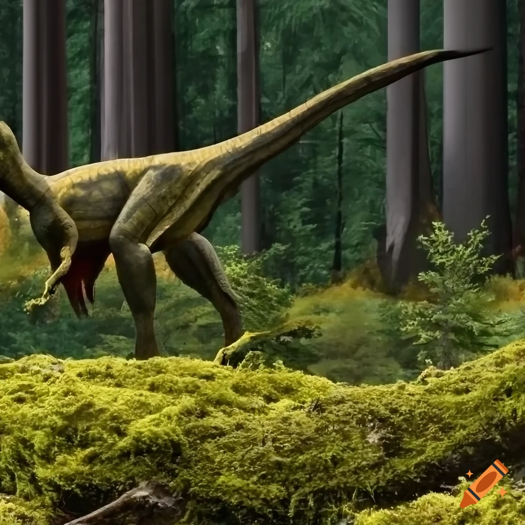 Hypsilophodon dinosaurs with goshawk-like color pattern on a mossy branch in a cedar forest