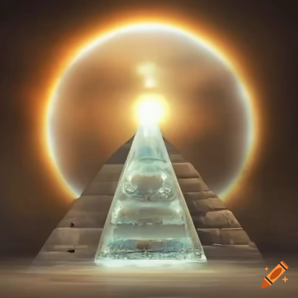 Labyrinth inside a transparent pyramid on an alien planet illuminated by an electric solar halo, ancient ruins