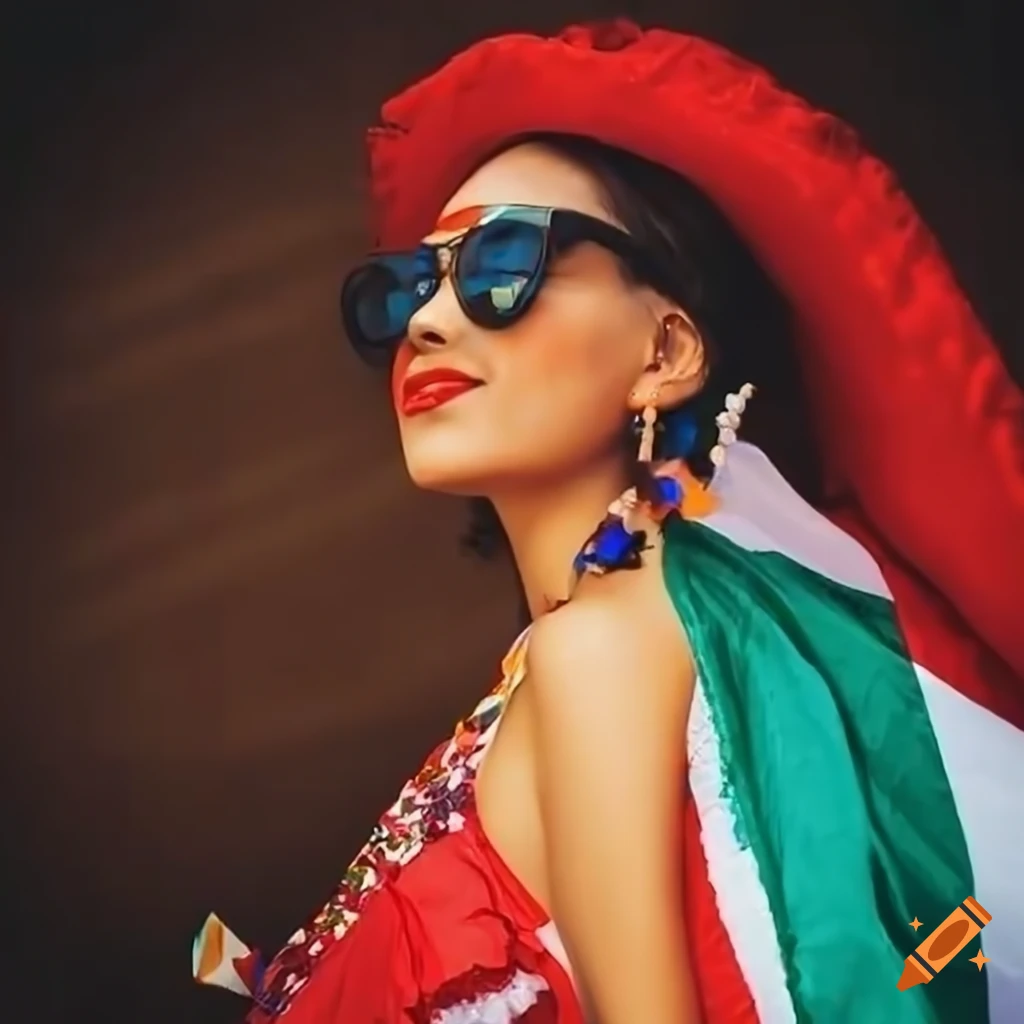 Proud young woman in traditional Mexican attire holding the Mexican tricolor flag