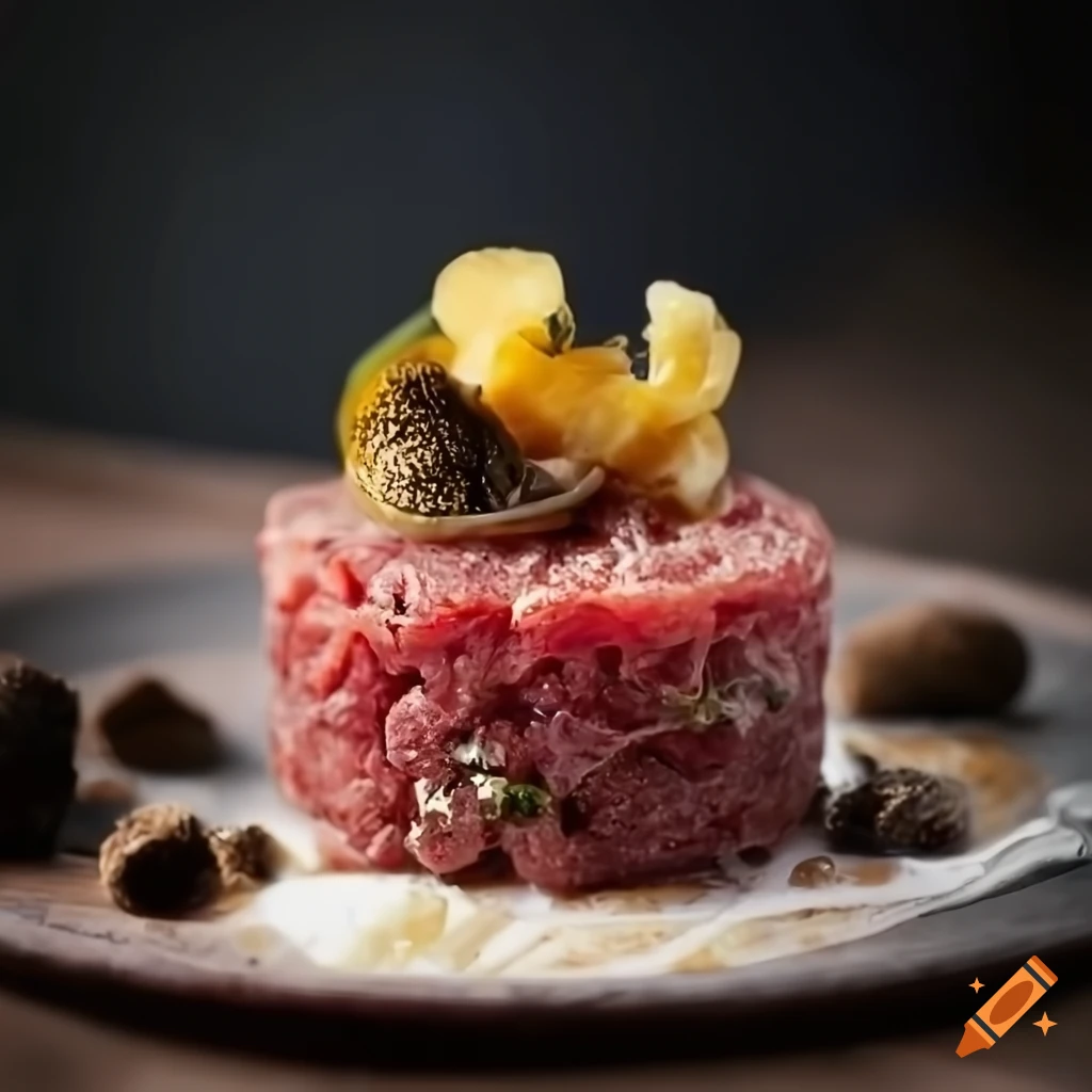 Appetizing beef tartare with truffles on rustic wooden table