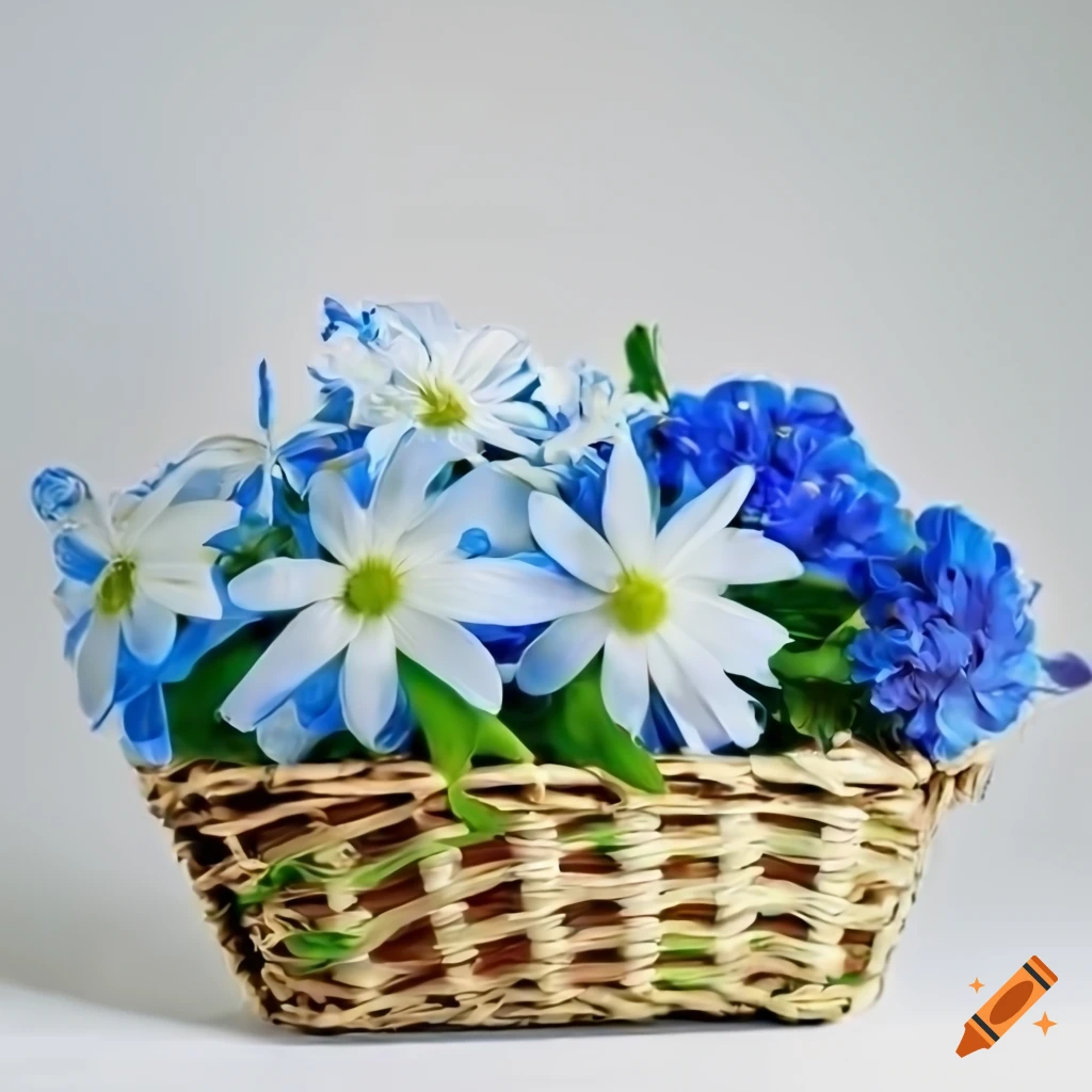 Blue and white flowers in a basket