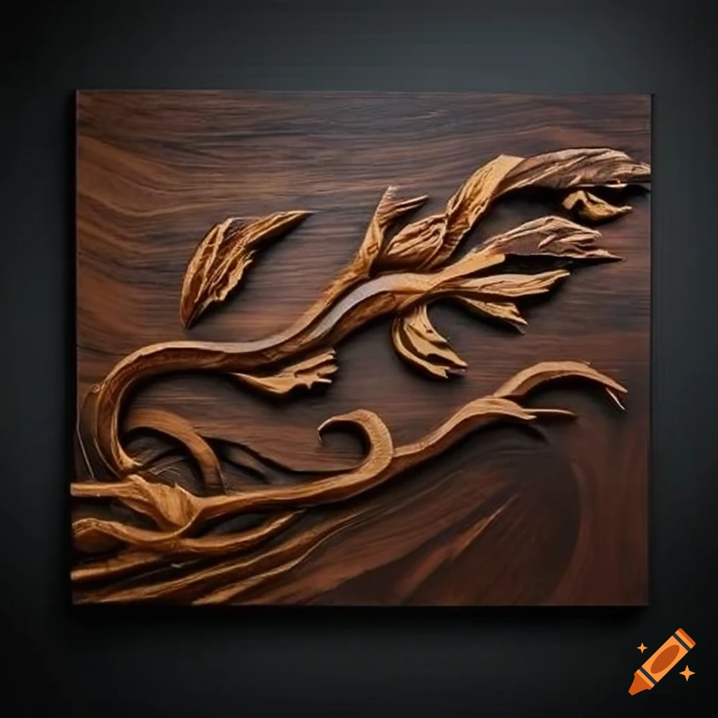 Masculine rugged wooden wall art with power carvings in black walnut and brass and resin inlays