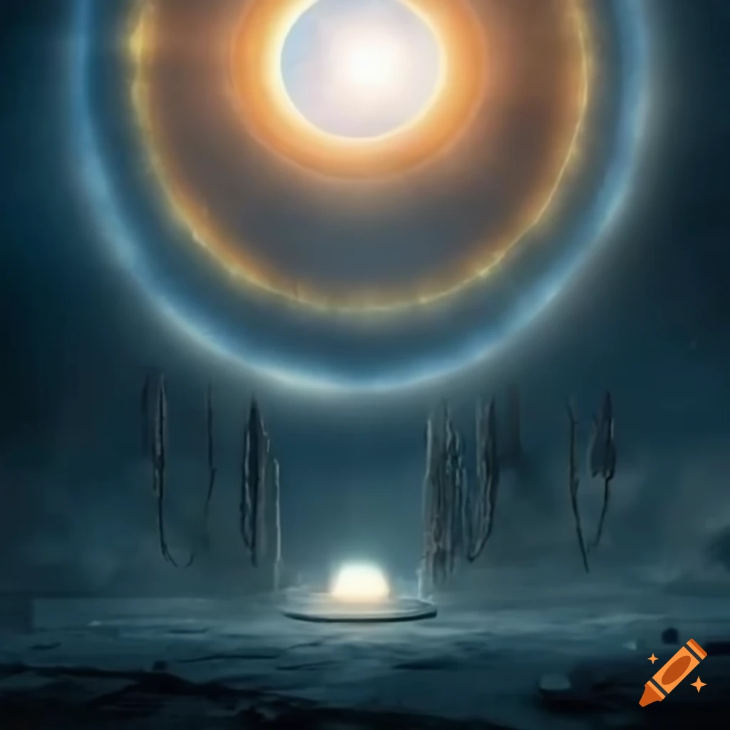 Labyrinth inside a transparent pyramid on an alien planet illuminated by an electric solar halo, ancient ruins