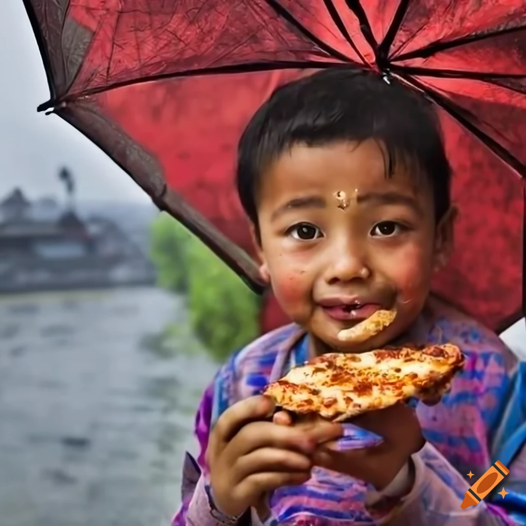 Nepali child enjoying pizza under an umbrella in the rain with a temple in the background