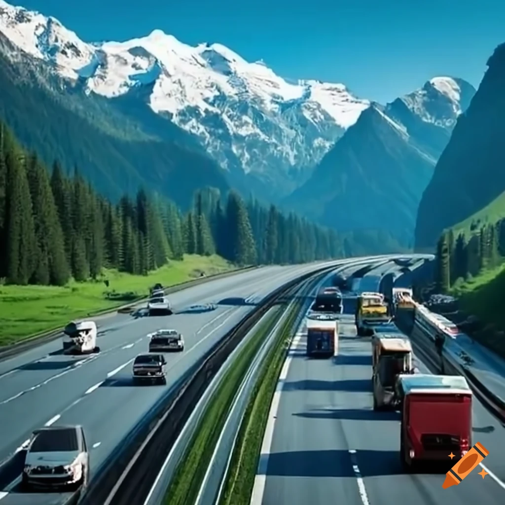 Congested alpine motorway scene
