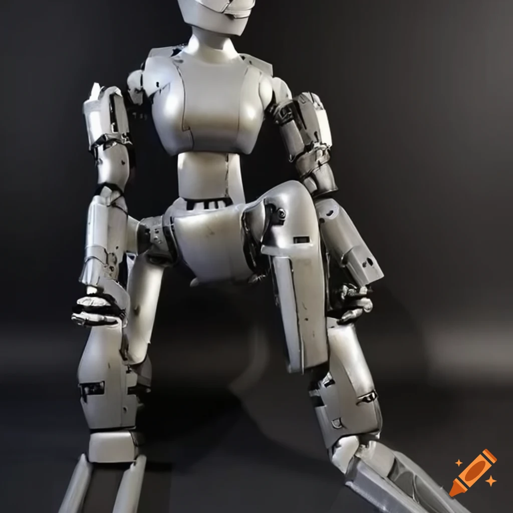 Shiny metal gray robot mech in humanoid form