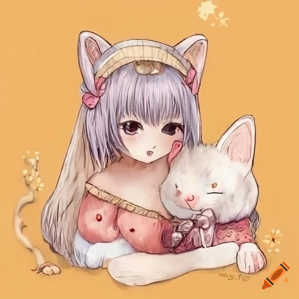 Kawaii catgirl neko illustration in a storybook style