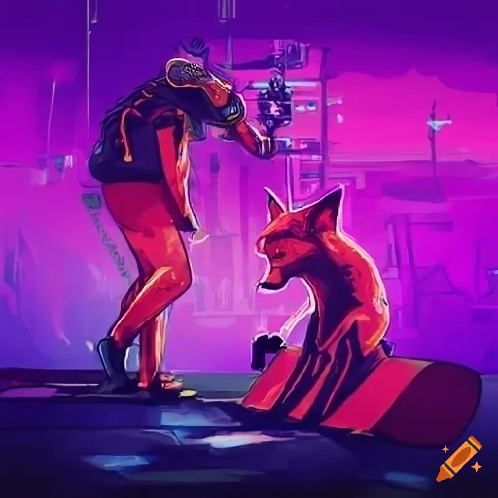 Skatepark and cyberpunk fox drawing