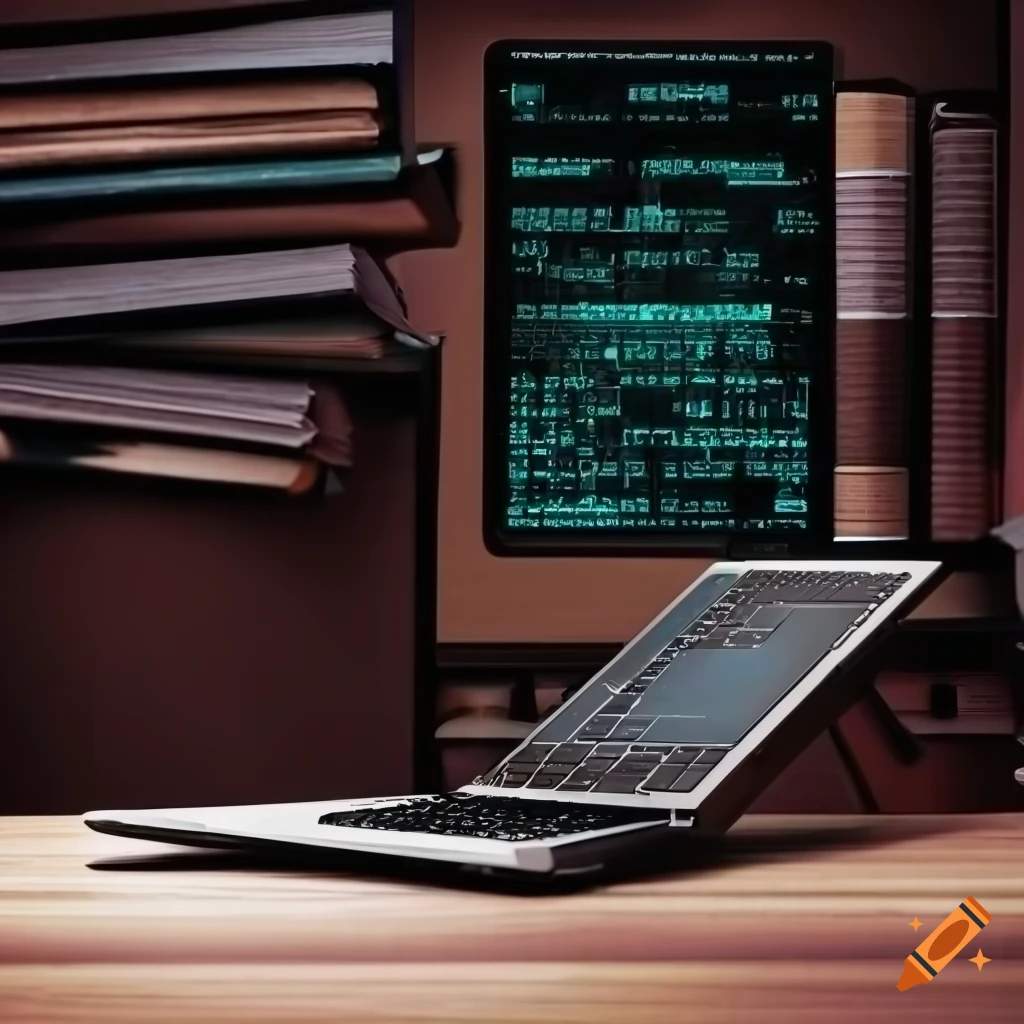Desk with laptop showing code surrounded by software development books