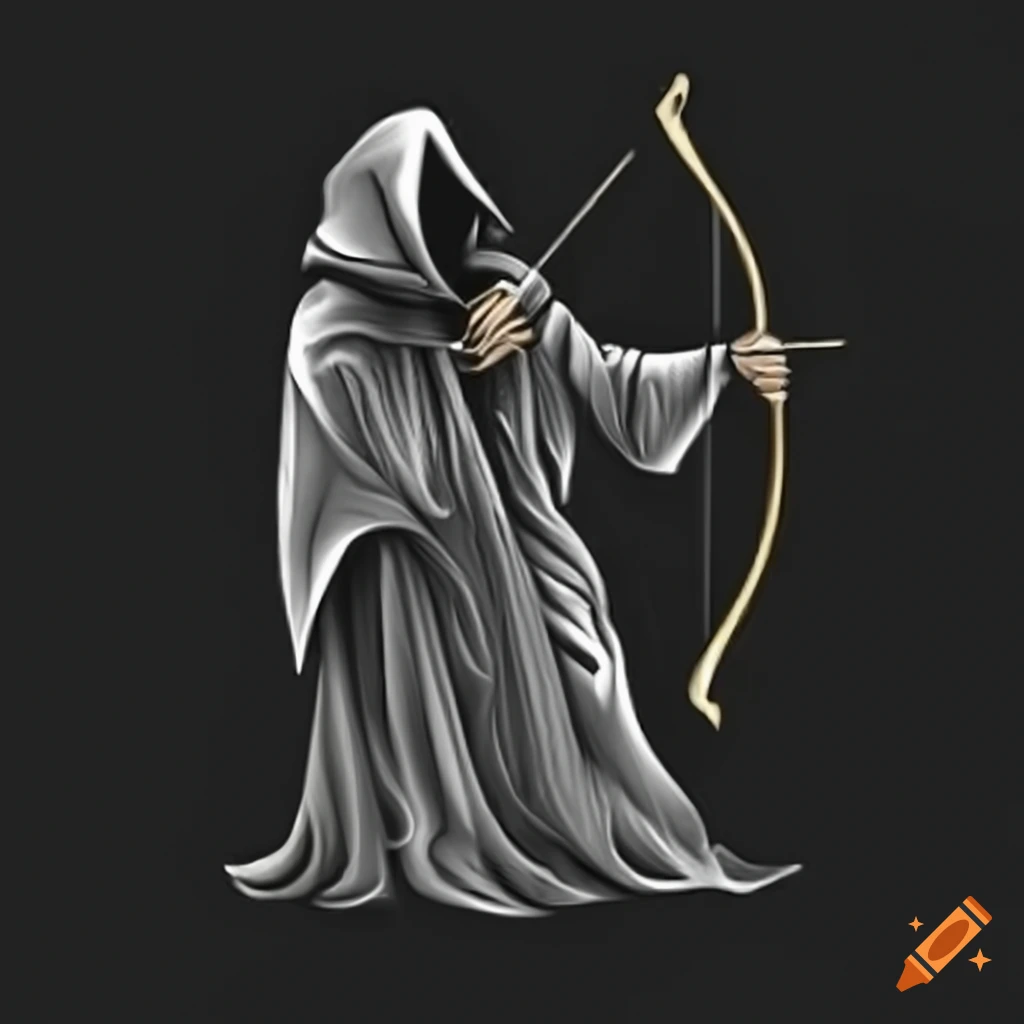 Grim Reaper in ripped cloak as a medieval archer with bow and arrows