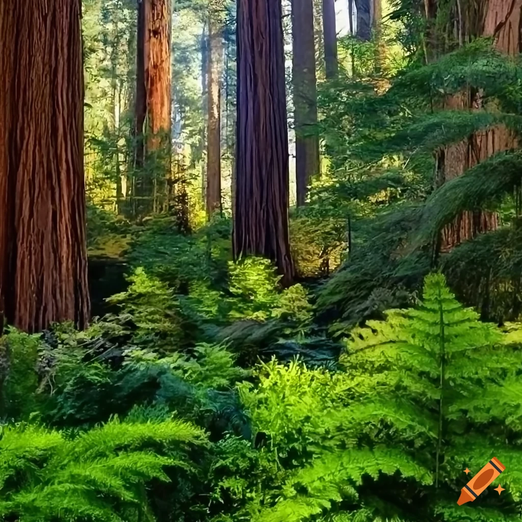 Hypsilophodon dinosaurs in a redwood forest with goshawk-like color patterns