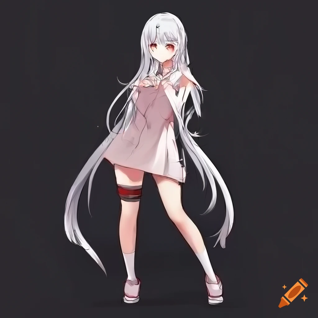 Anime girl with pale skin, white hair, and red eyes striking a dynamic pose
