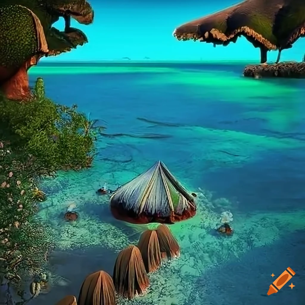 Surreal, dreamlike island with luminescent sands and vibrant life