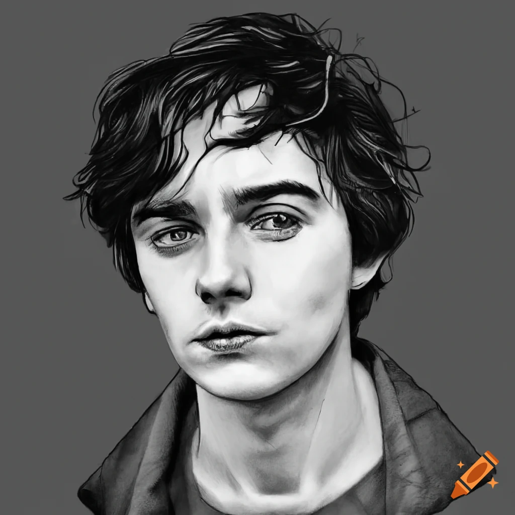 Black and white simple lined drawing of actor Mark McKenna