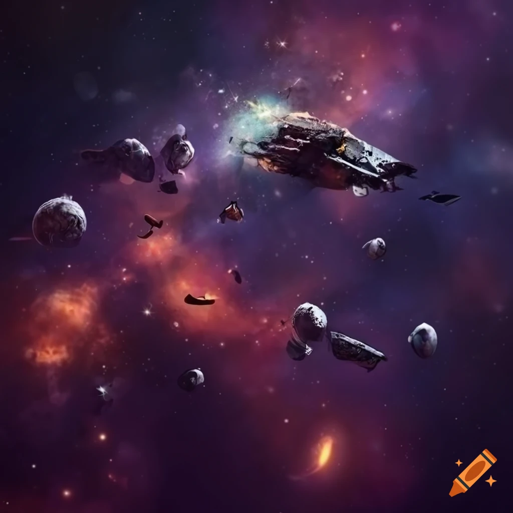 Debris from exploded spaceship in cosmic background in flat design